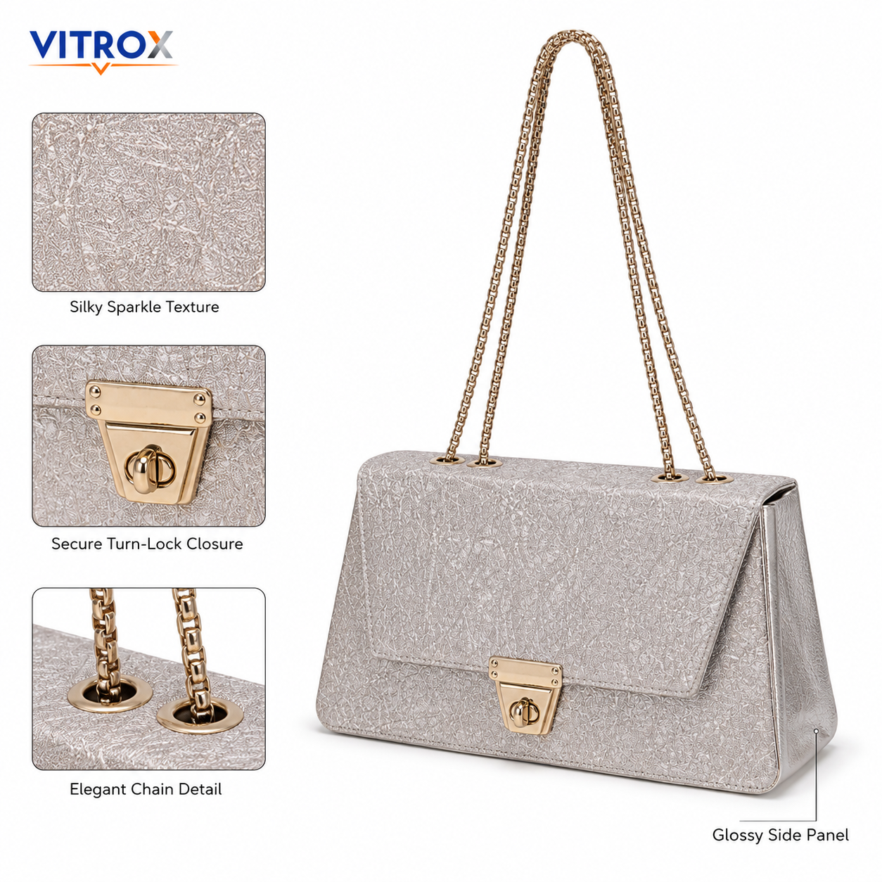 Women’s Champagne Silver Sparkle Party Shoulder Bag with Gold Chain Handles