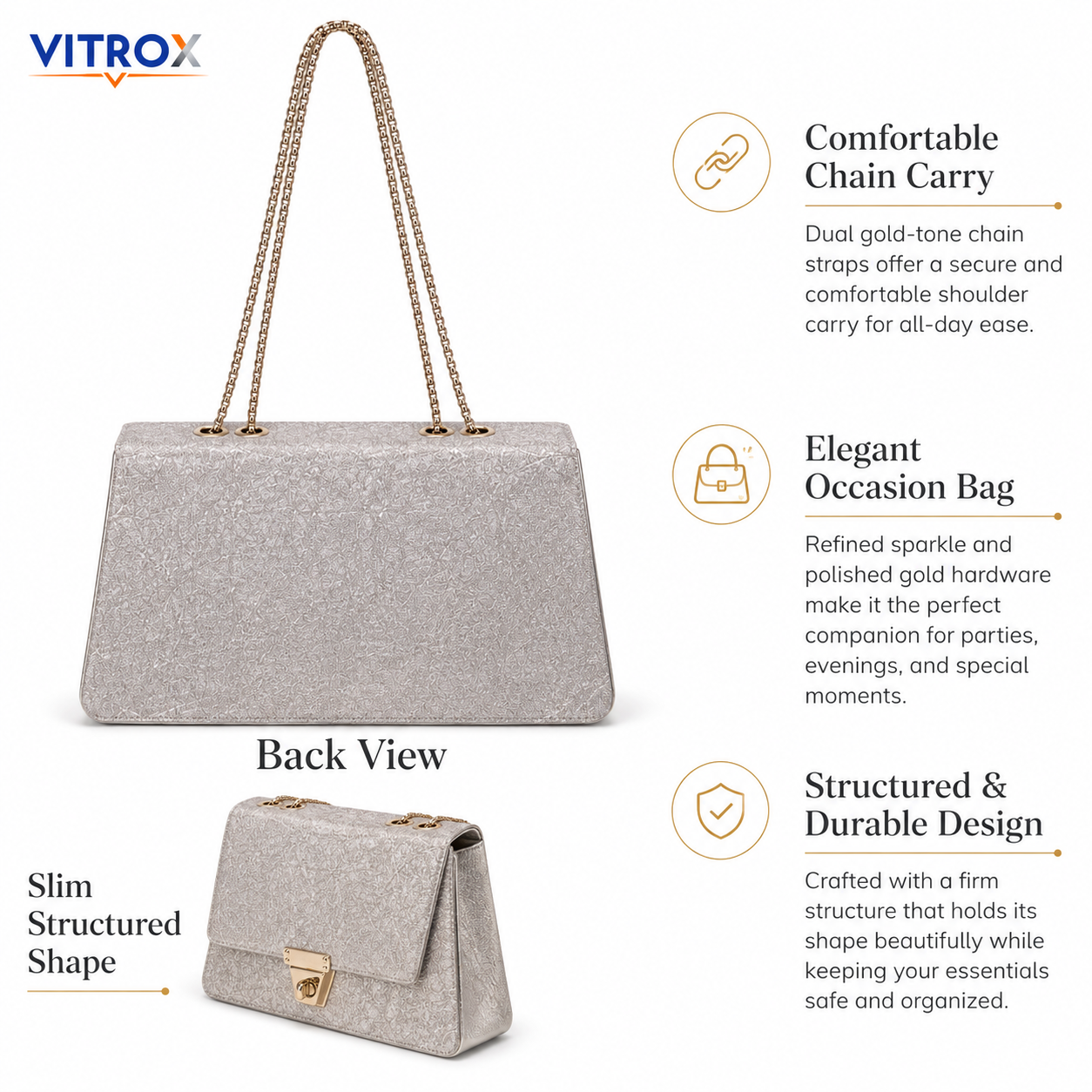 Women’s Champagne Silver Sparkle Party Shoulder Bag with Gold Chain Handles