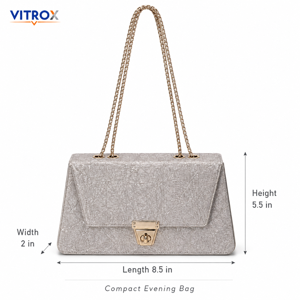 Women’s Champagne Silver Sparkle Party Shoulder Bag with Gold Chain Handles