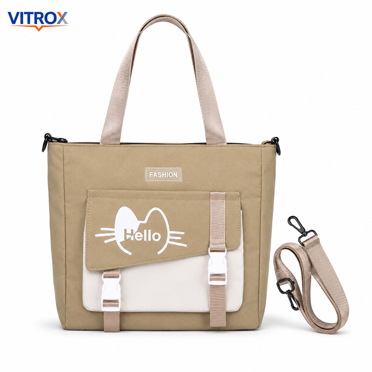 Beige Hello Print Tote Bag With Strap
