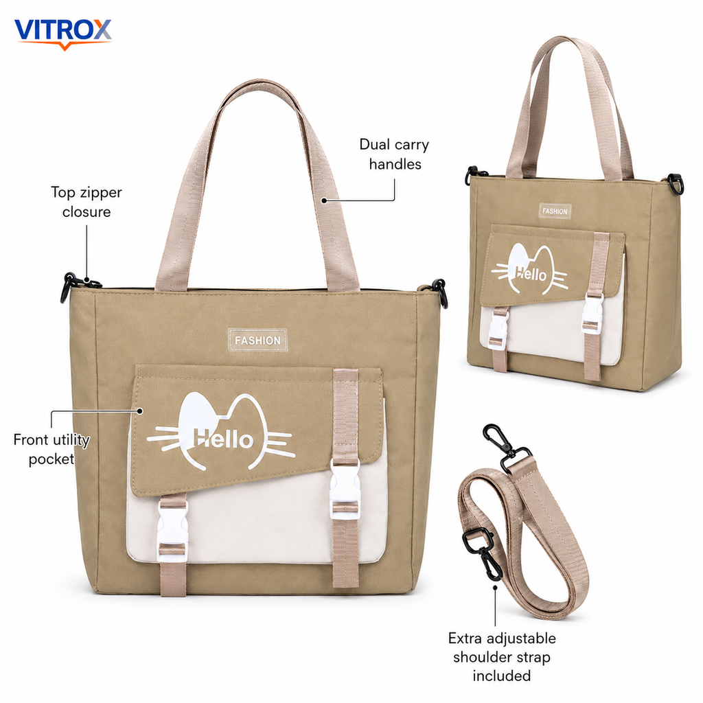 Beige Hello Print Tote Bag With Strap