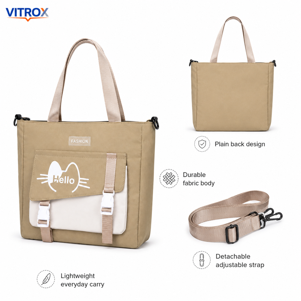 Beige Hello Print Tote Bag With Strap