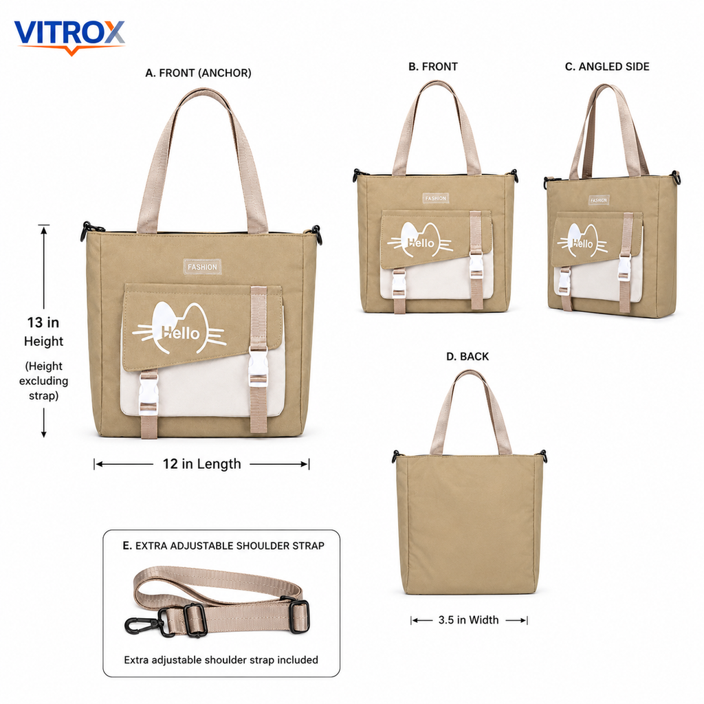 Beige Hello Print Tote Bag With Strap