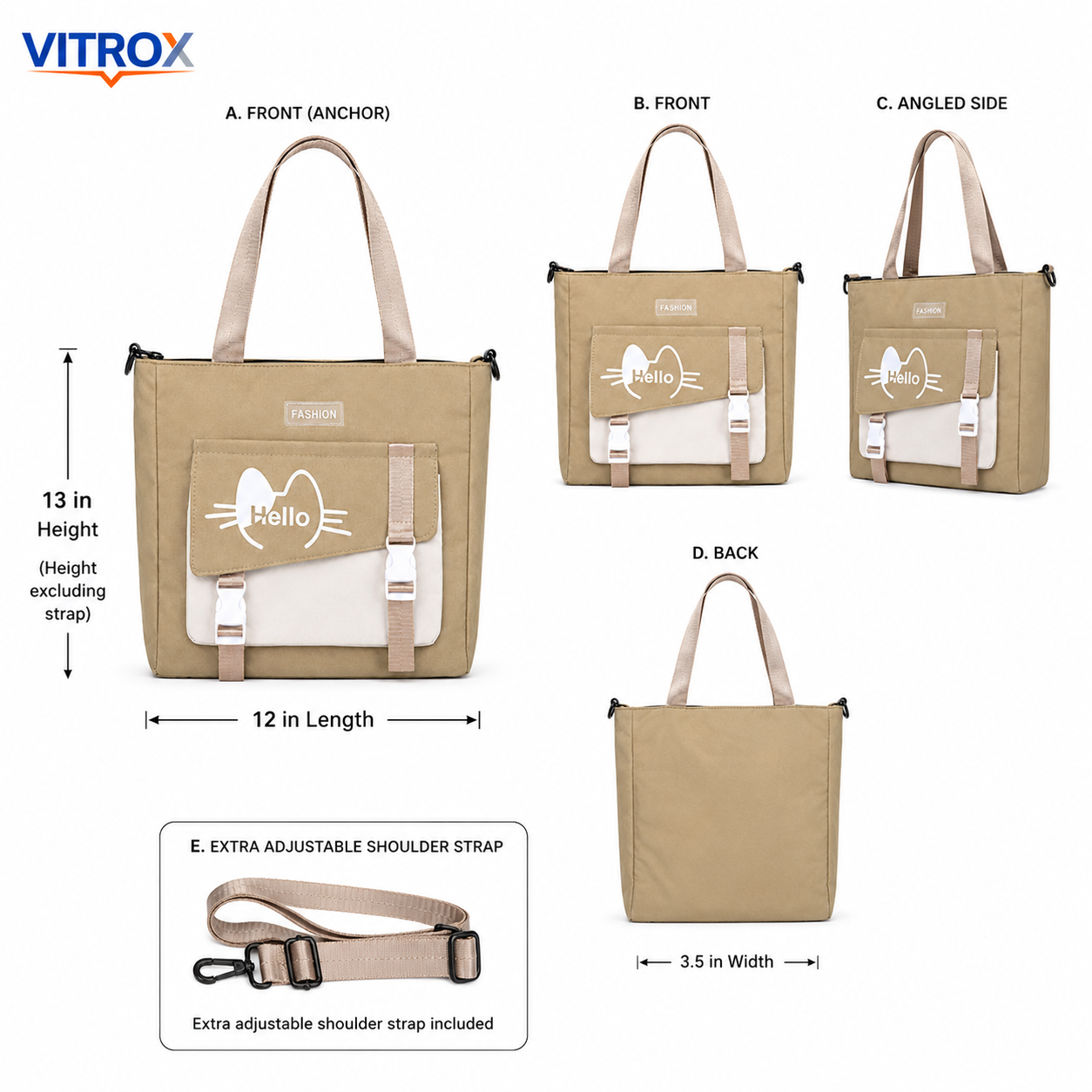 Beige Hello Print Tote Bag With Strap