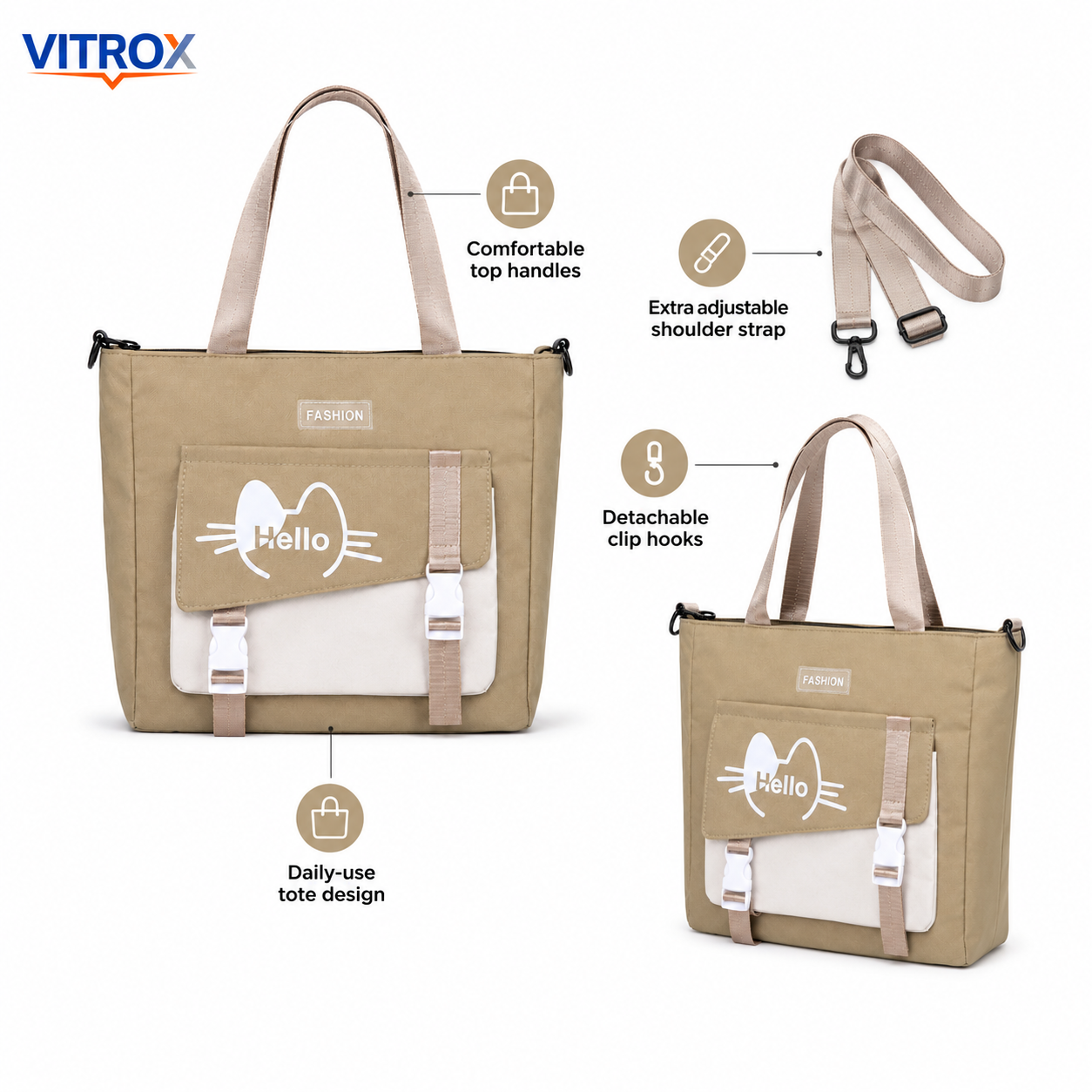 Beige Hello Print Tote Bag With Strap