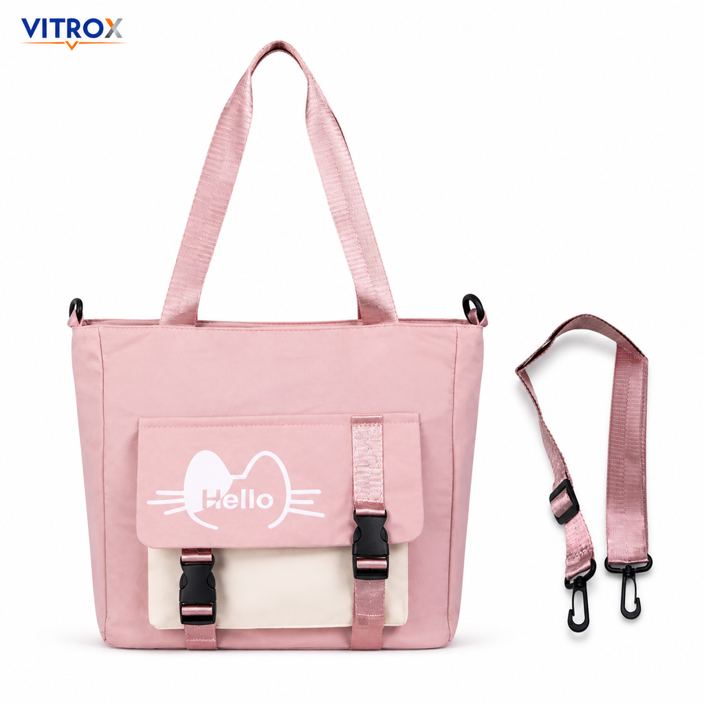 Women’s Pastel Pink Cat Print Tote Bag with Front Utility Pocket