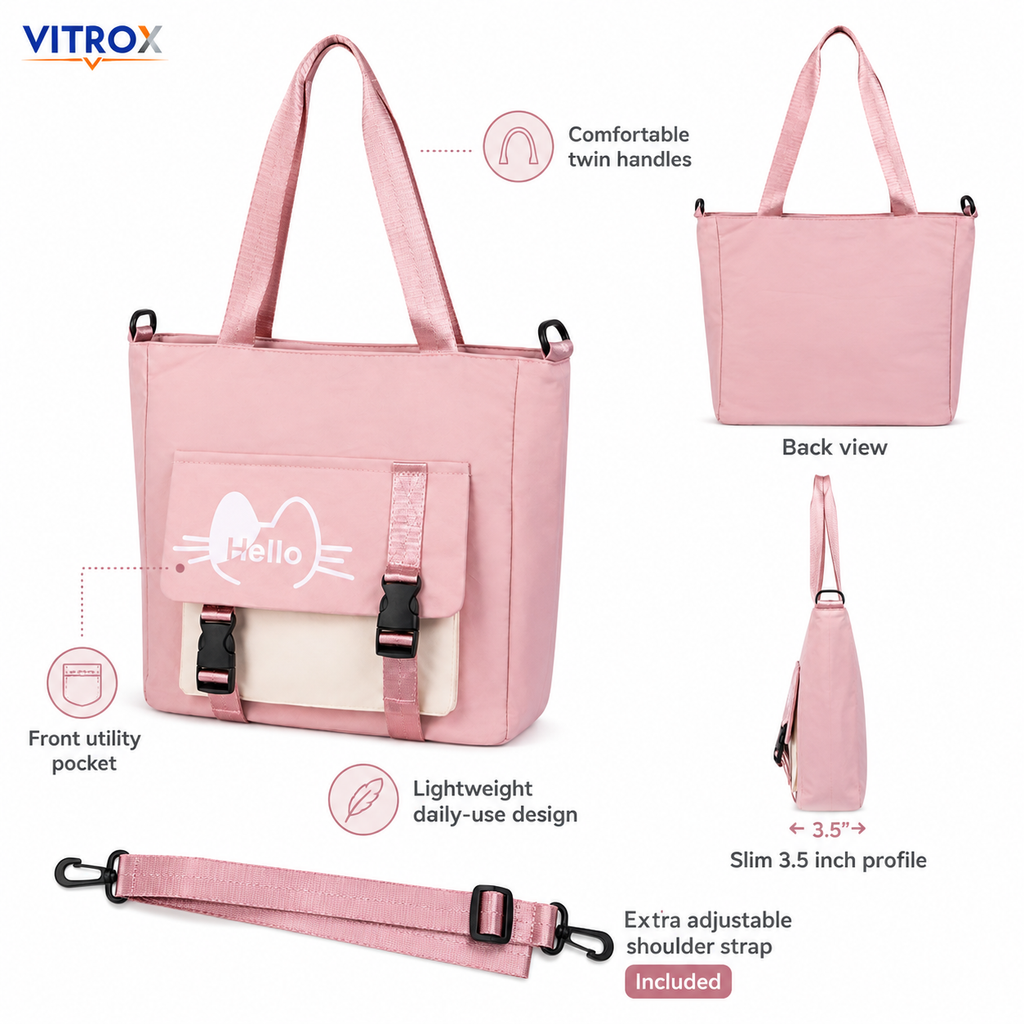 Women’s Pastel Pink Cat Print Tote Bag with Front Utility Pocket
