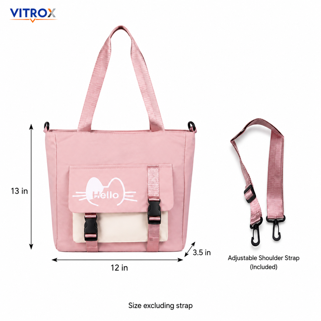 Women’s Pastel Pink Cat Print Tote Bag with Front Utility Pocket