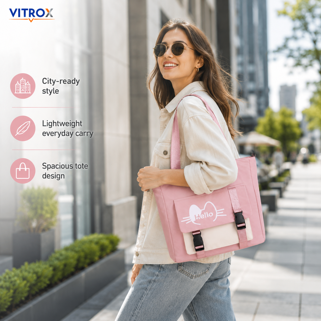 Women’s Pastel Pink Cat Print Tote Bag with Front Utility Pocket