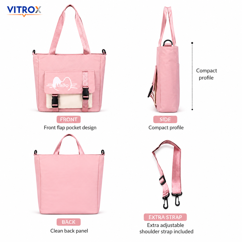 Women’s Pastel Pink Cat Print Tote Bag with Front Utility Pocket