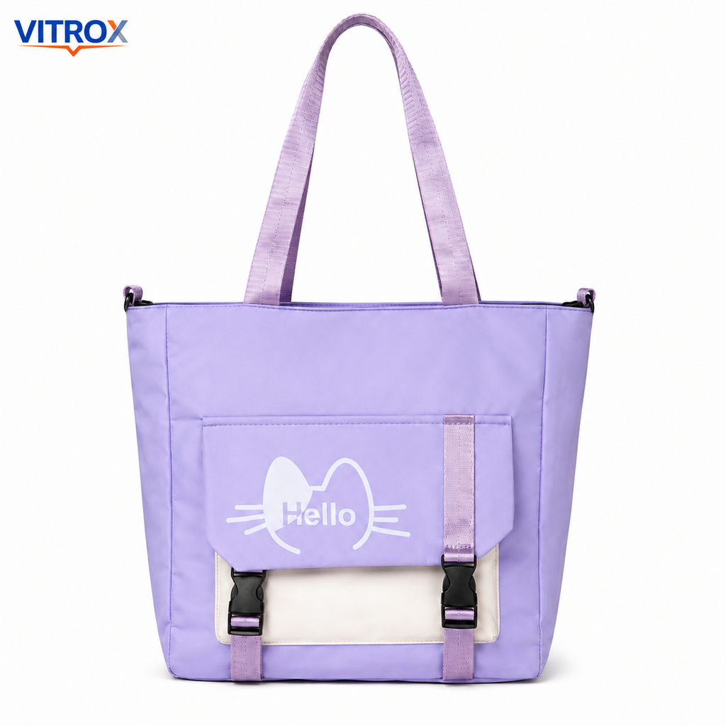 Lavender Cat Print Tote Bag With Front Pocket