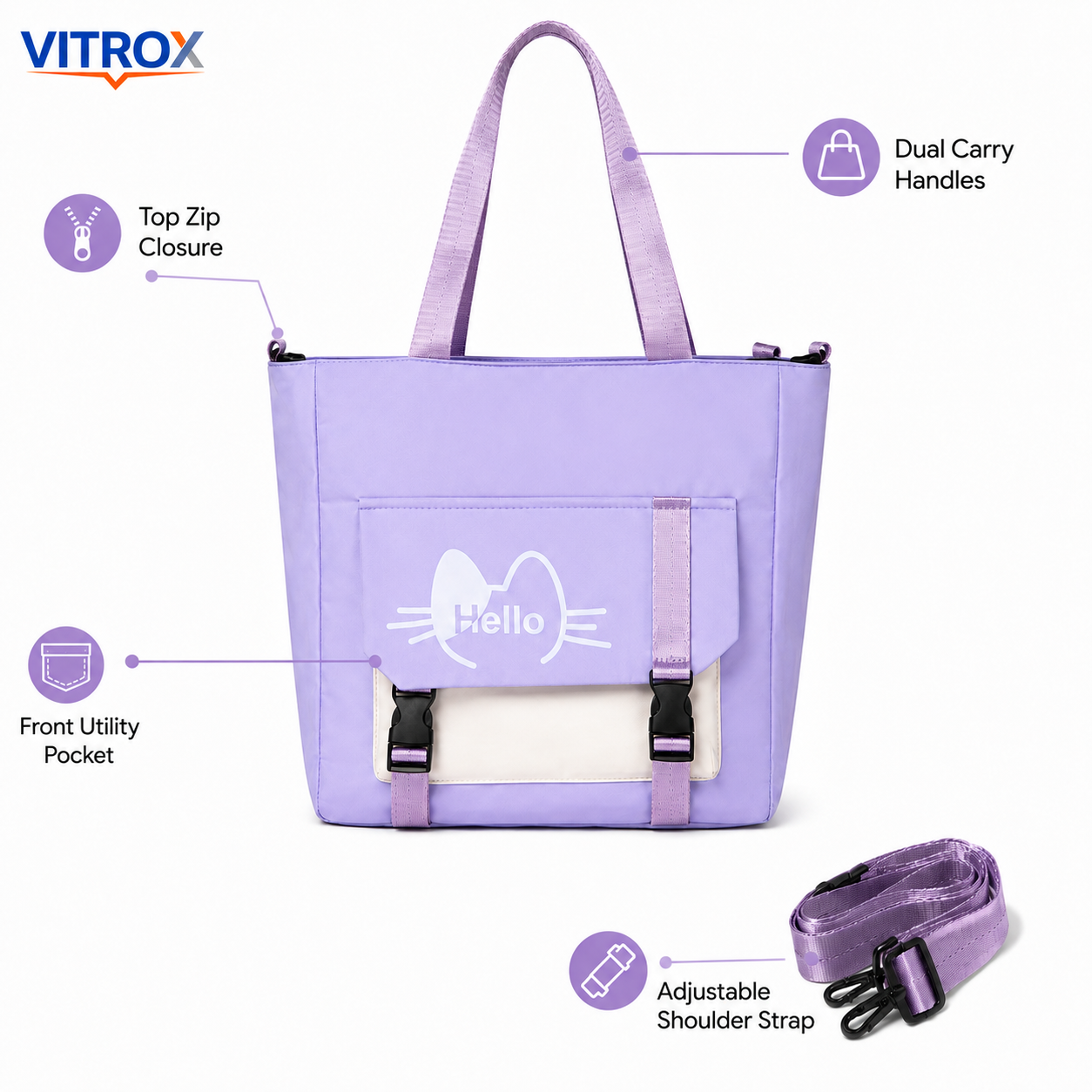 Lavender Cat Print Tote Bag With Front Pocket