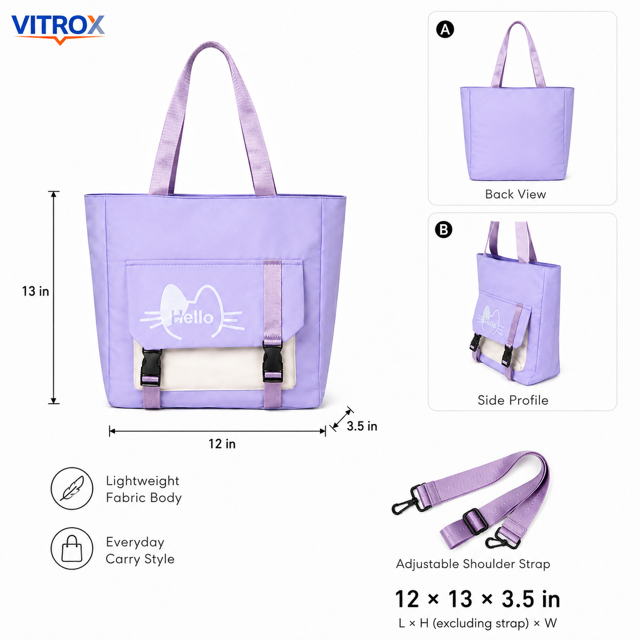 Lavender Cat Print Tote Bag With Front Pocket