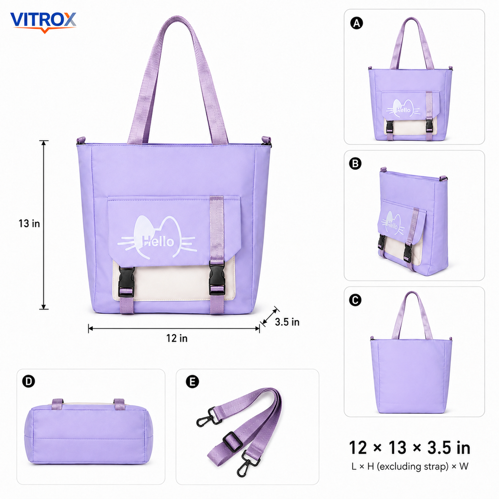 Lavender Cat Print Tote Bag With Front Pocket