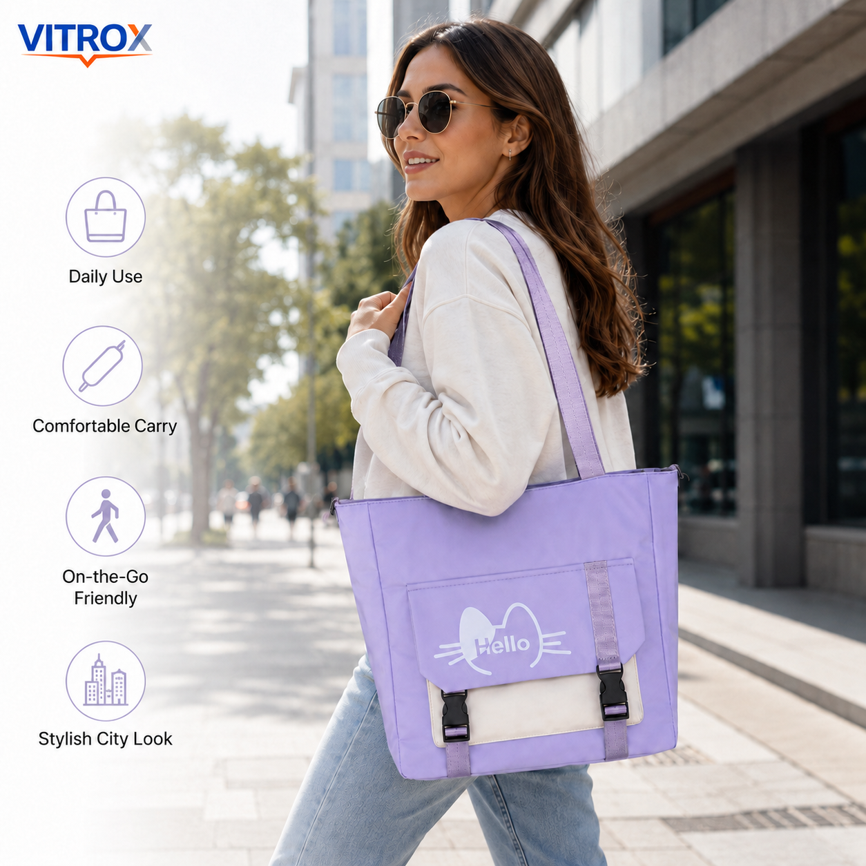 Lavender Cat Print Tote Bag With Front Pocket