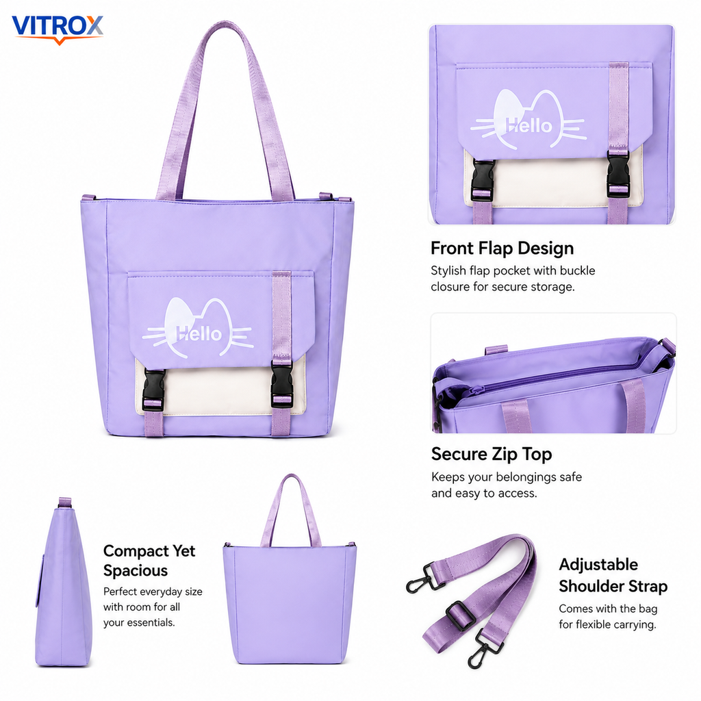 Lavender Cat Print Tote Bag With Front Pocket