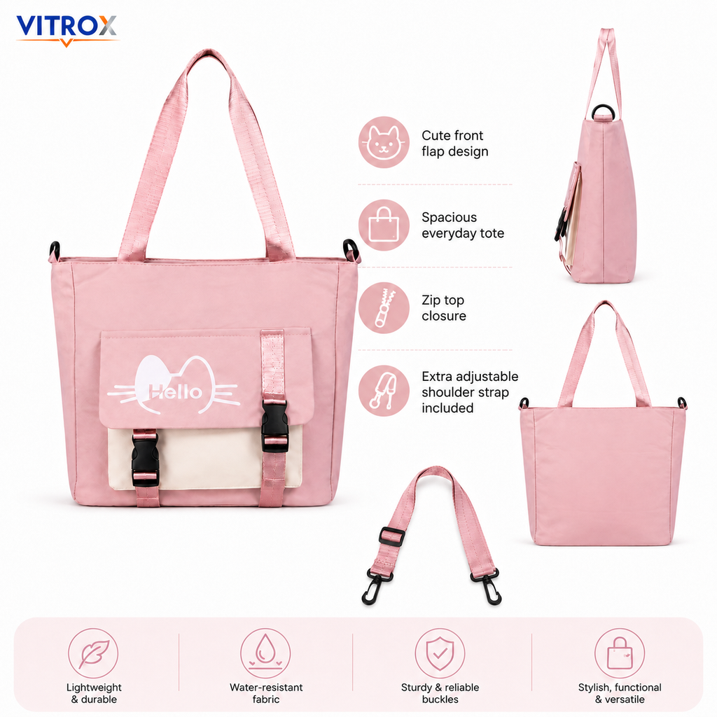 Women’s Pastel Pink Cat Print Tote Bag with Front Utility Pocket