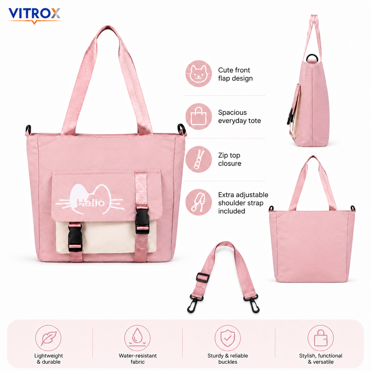 Women’s Pastel Pink Cat Print Tote Bag with Front Utility Pocket