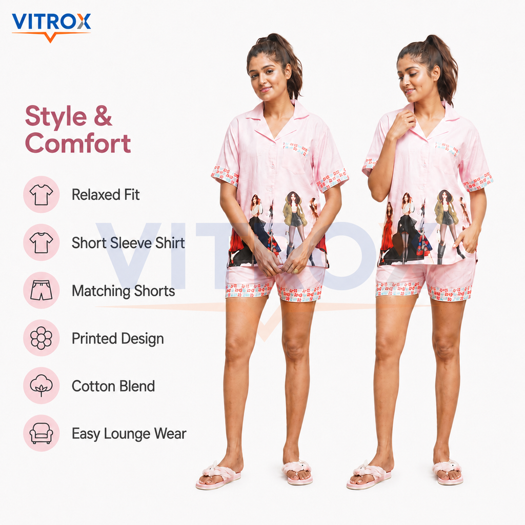 Women’s 2-Piece Cotton Blend Printed Night Suit Set