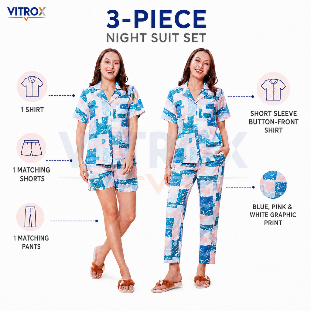 Women’s 3-Piece European Satin Night Suit Set