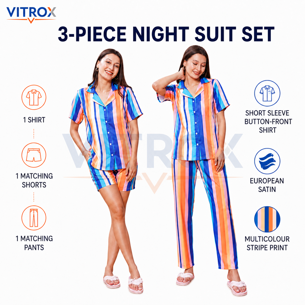 Women’s 3-Piece European Satin Multicolour Striped Night Suit Set