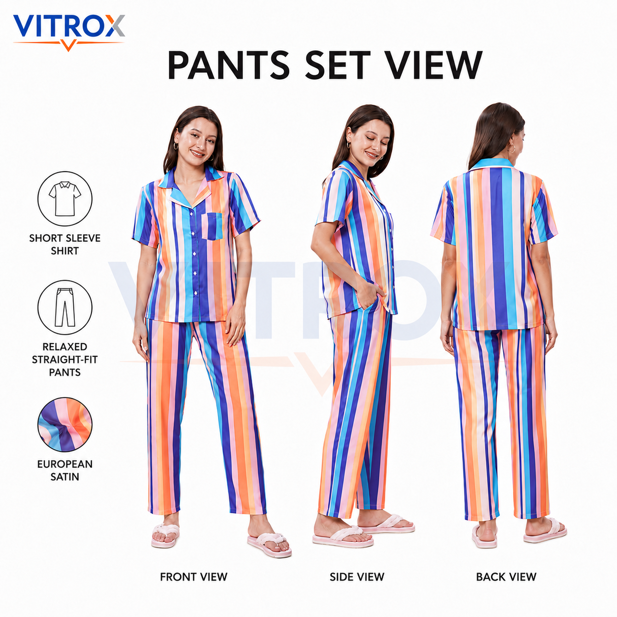 Women’s 3-Piece European Satin Multicolour Striped Night Suit Set