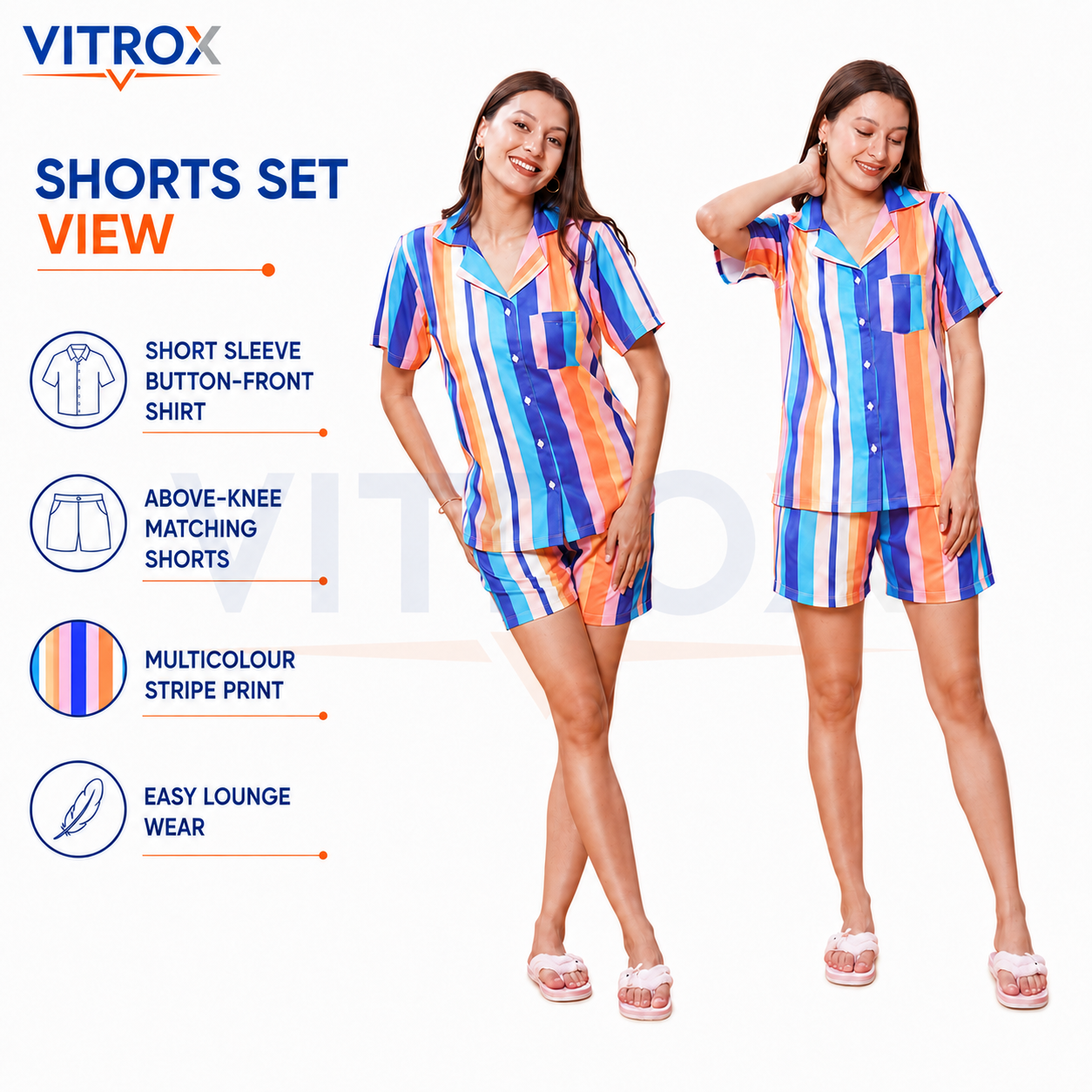 Women’s 3-Piece European Satin Multicolour Striped Night Suit Set