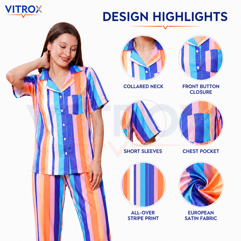 Women’s 3-Piece European Satin Multicolour Striped Night Suit Set