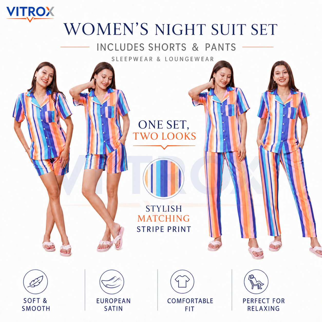 Women’s 3-Piece European Satin Multicolour Striped Night Suit Set