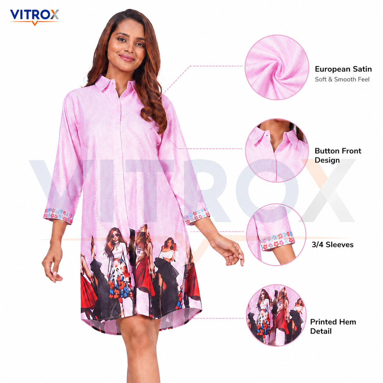 Women’s European Satin Printed Shirt-Style Nightdress
