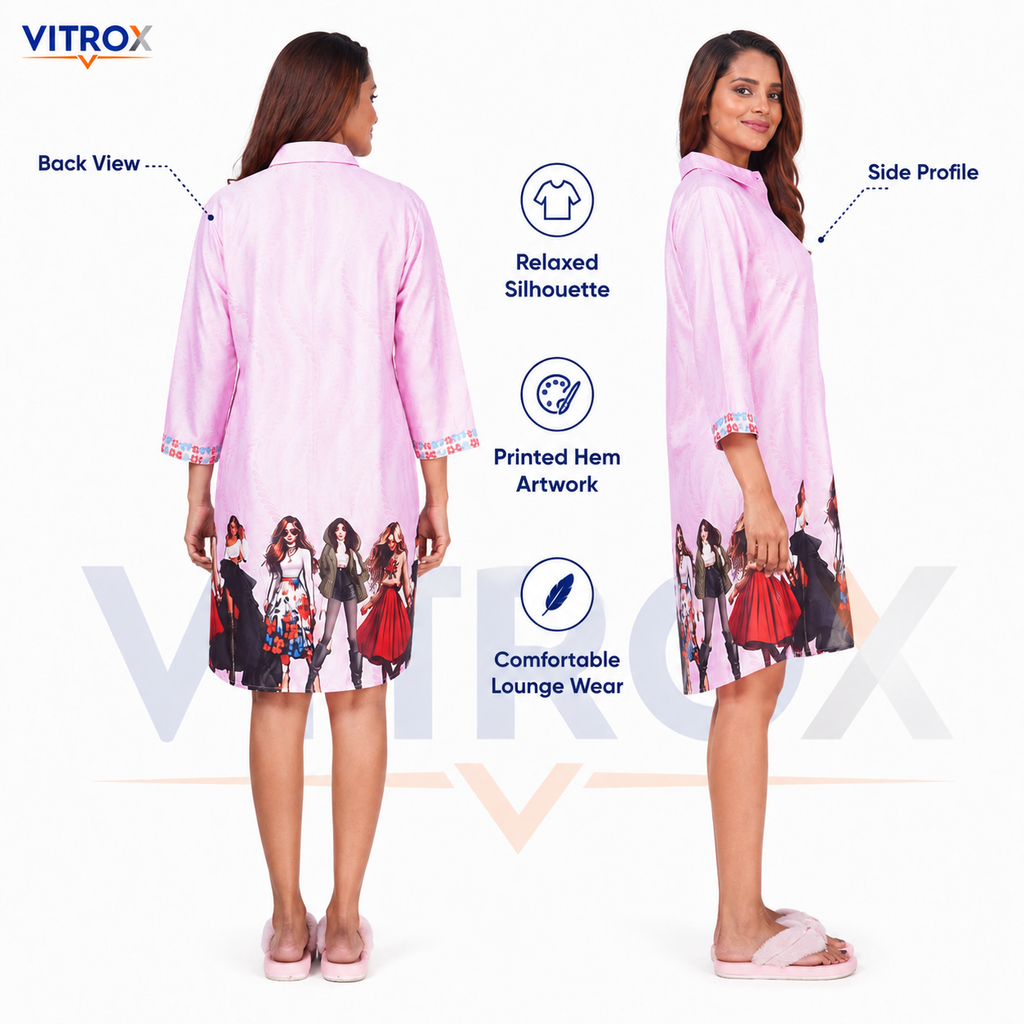 Women’s European Satin Printed Shirt-Style Nightdress