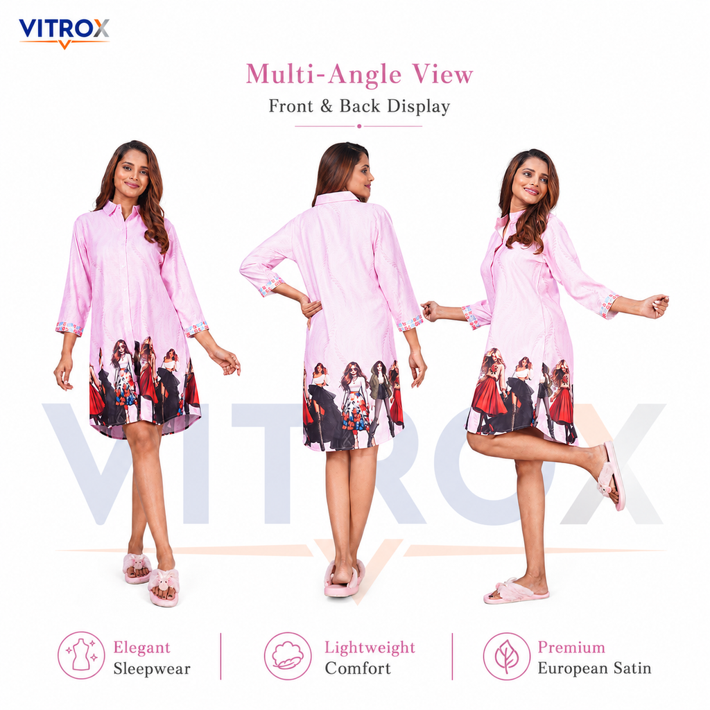 Women’s European Satin Printed Shirt-Style Nightdress