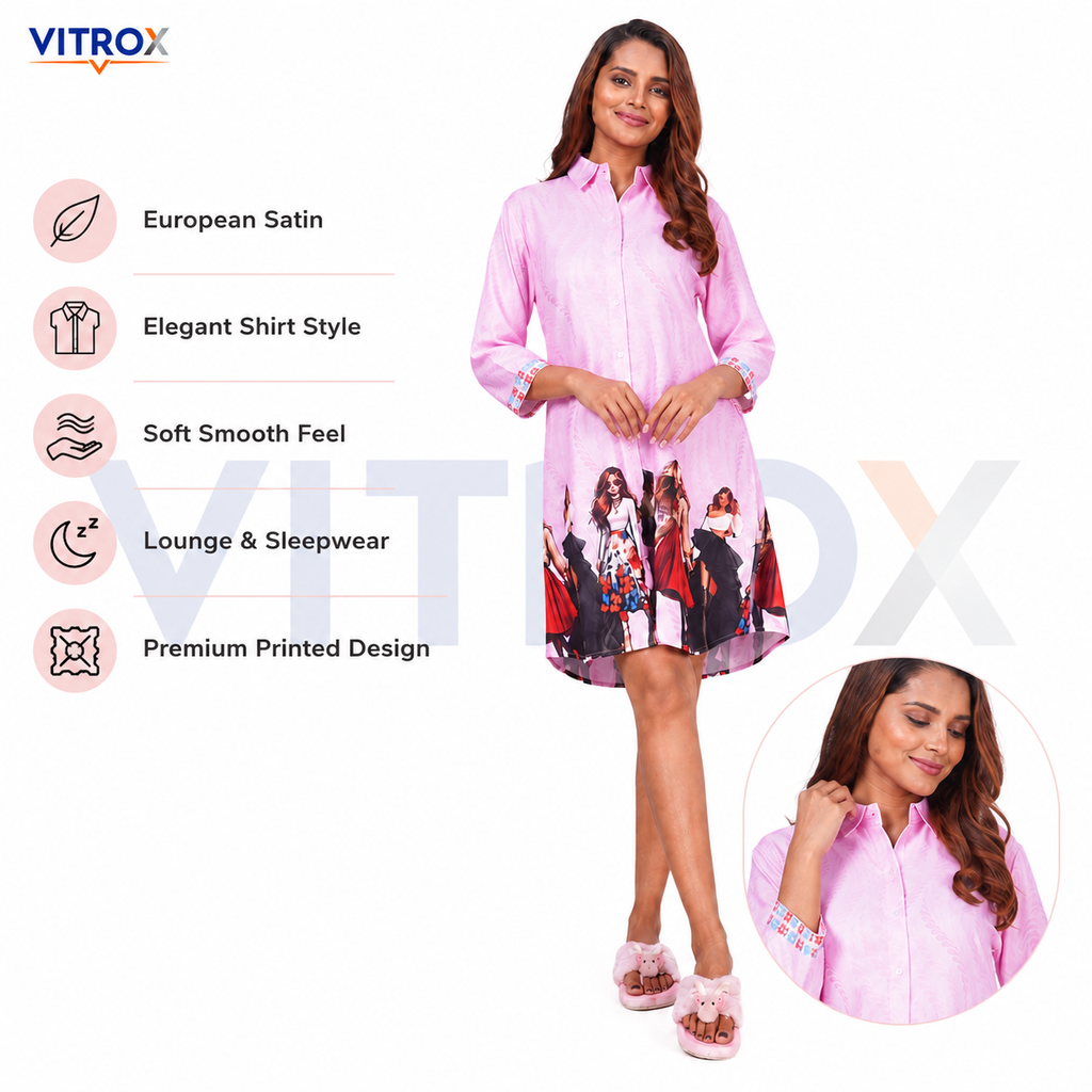 Women’s European Satin Printed Shirt-Style Nightdress