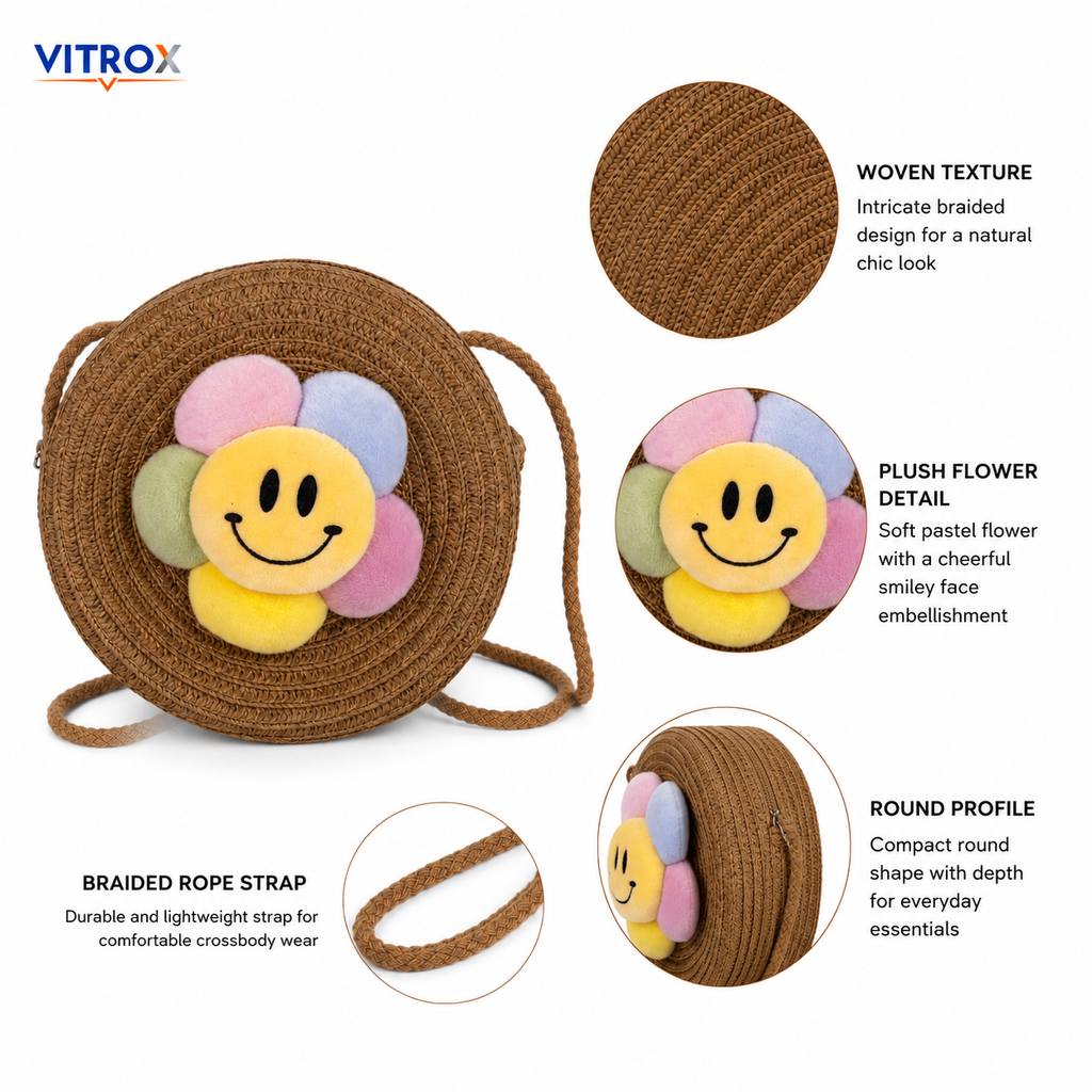 Cute Round Woven Crossbody Bag with Smiley Flower Charm