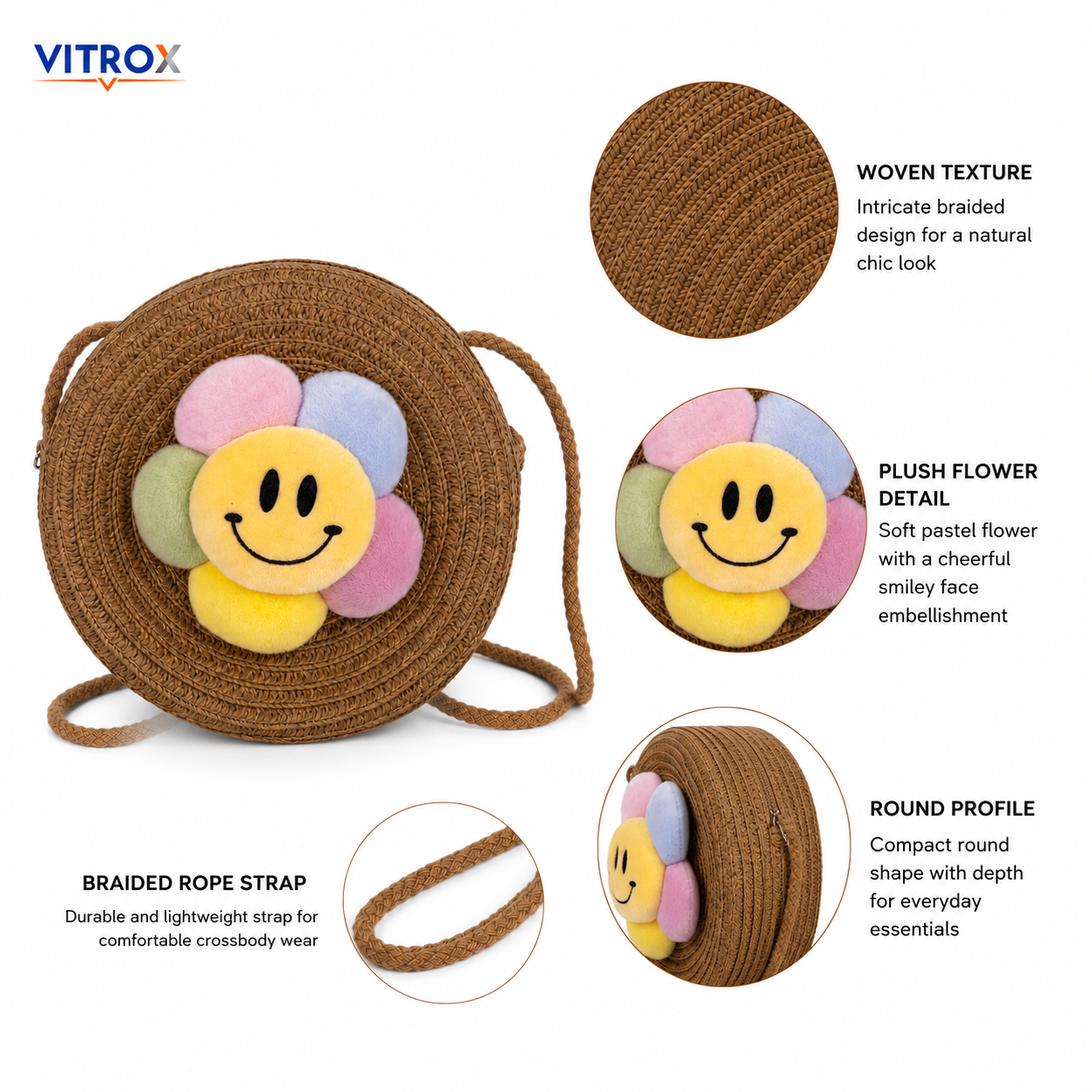 Cute Round Woven Crossbody Bag with Smiley Flower Charm
