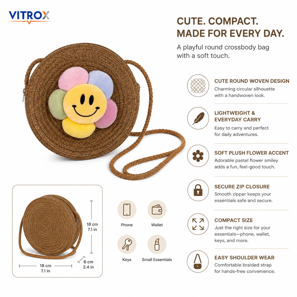 Cute Round Woven Crossbody Bag with Smiley Flower Charm