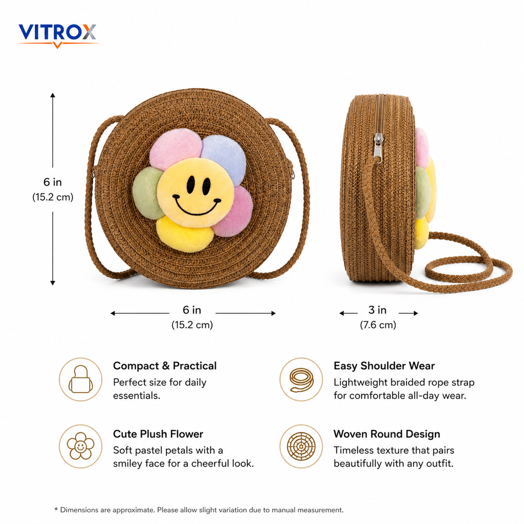 Cute Round Woven Crossbody Bag with Smiley Flower Charm