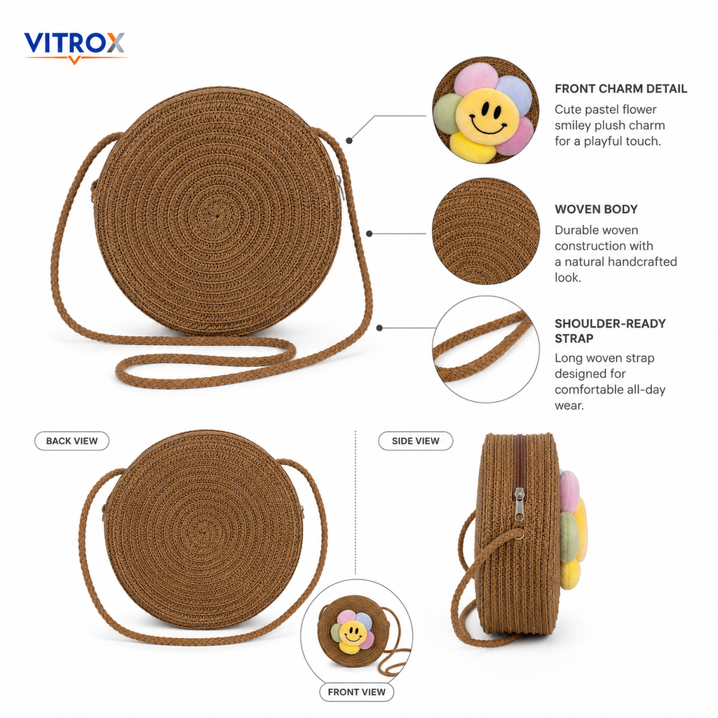 Cute Round Woven Crossbody Bag with Smiley Flower Charm