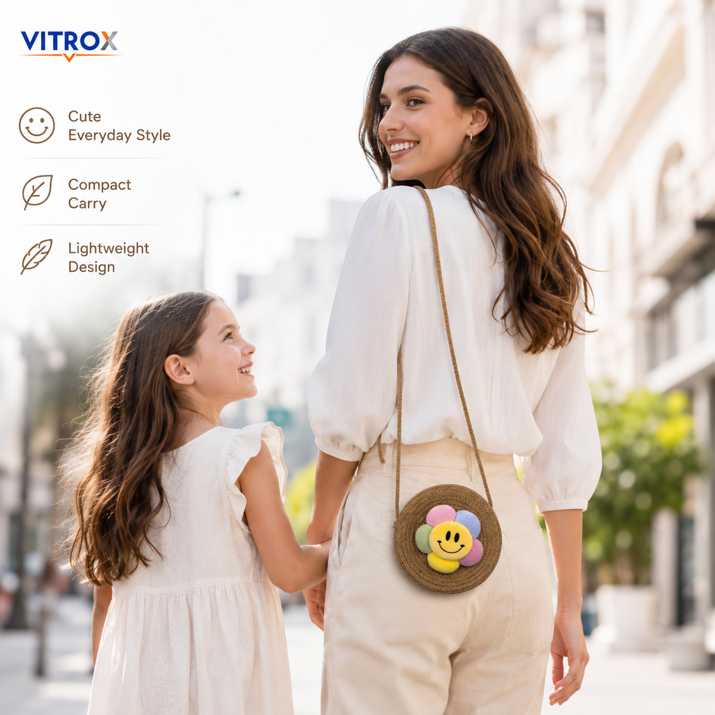 Cute Round Woven Crossbody Bag with Smiley Flower Charm