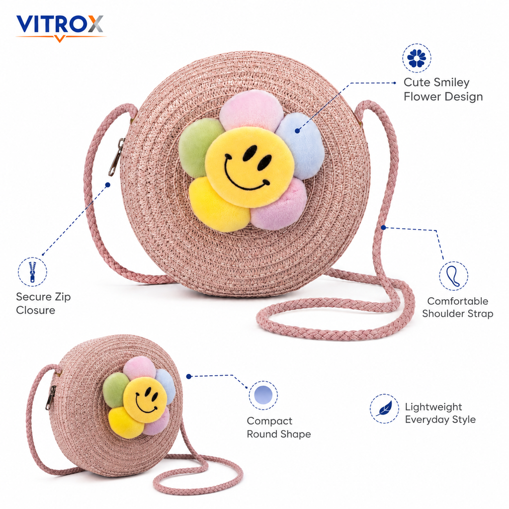 Women’s Cute Smiley Flower Round Woven Crossbody Bag