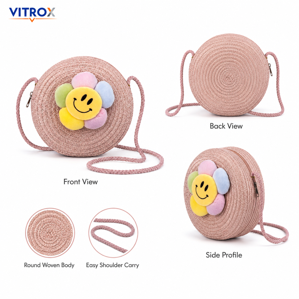 Women’s Cute Smiley Flower Round Woven Crossbody Bag