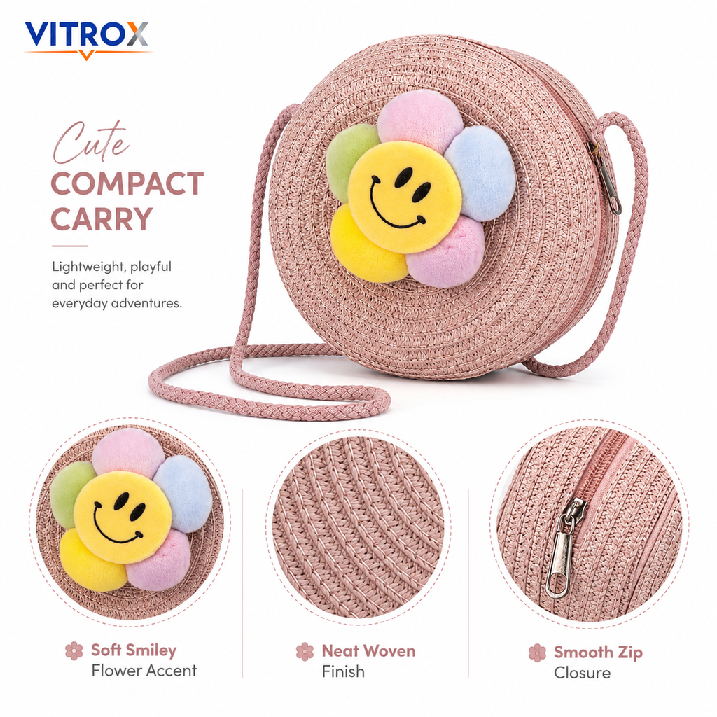 Women’s Cute Smiley Flower Round Woven Crossbody Bag