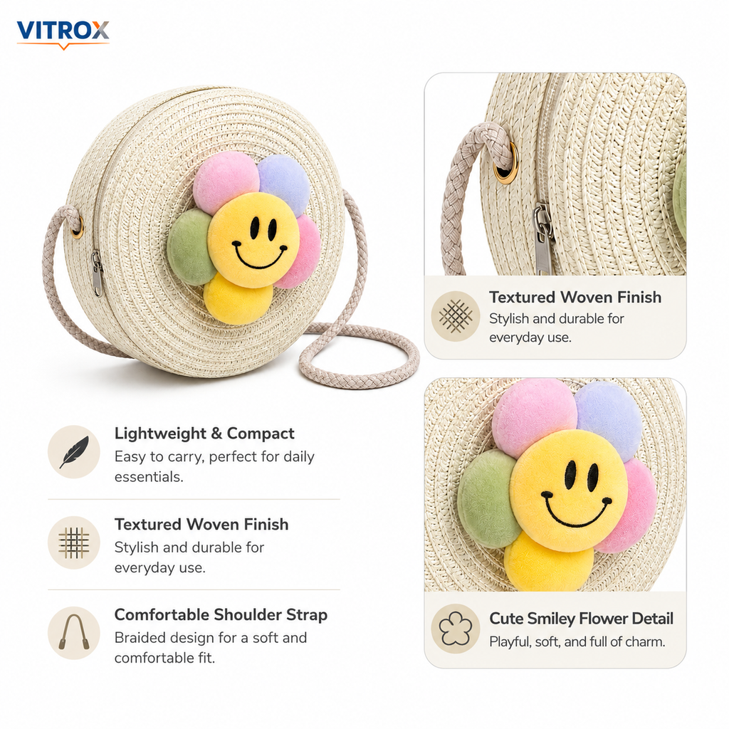 Round Woven Smiley Flower Crossbody Bag&nbsp;