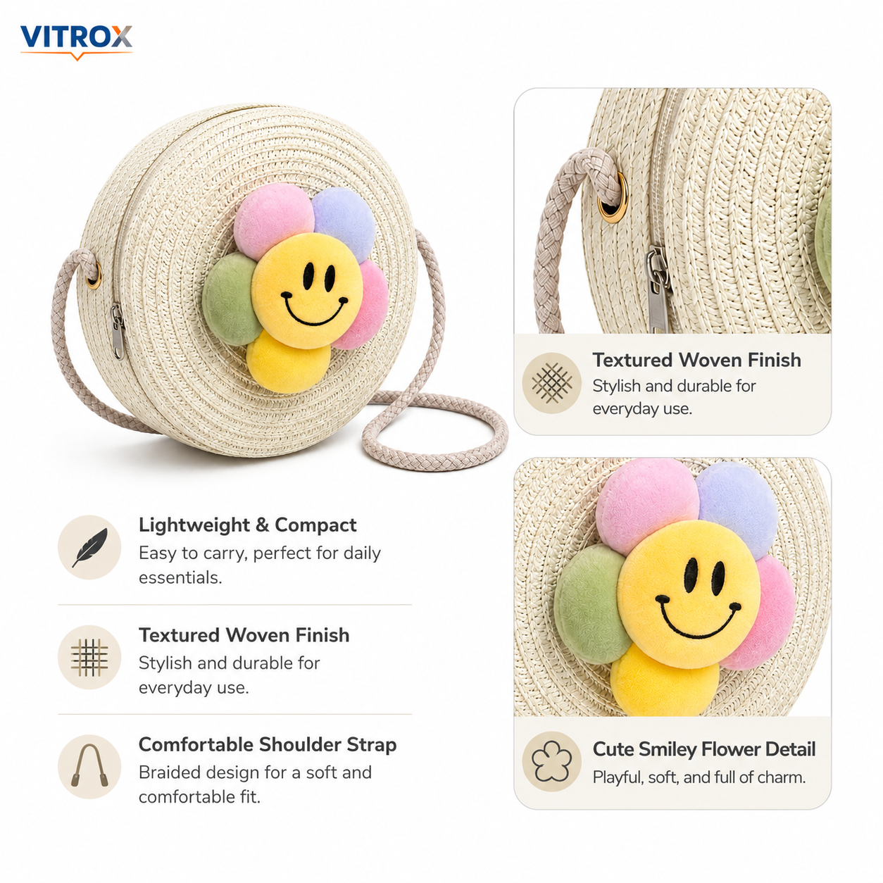 Round Woven Smiley Flower Crossbody Bag&nbsp;