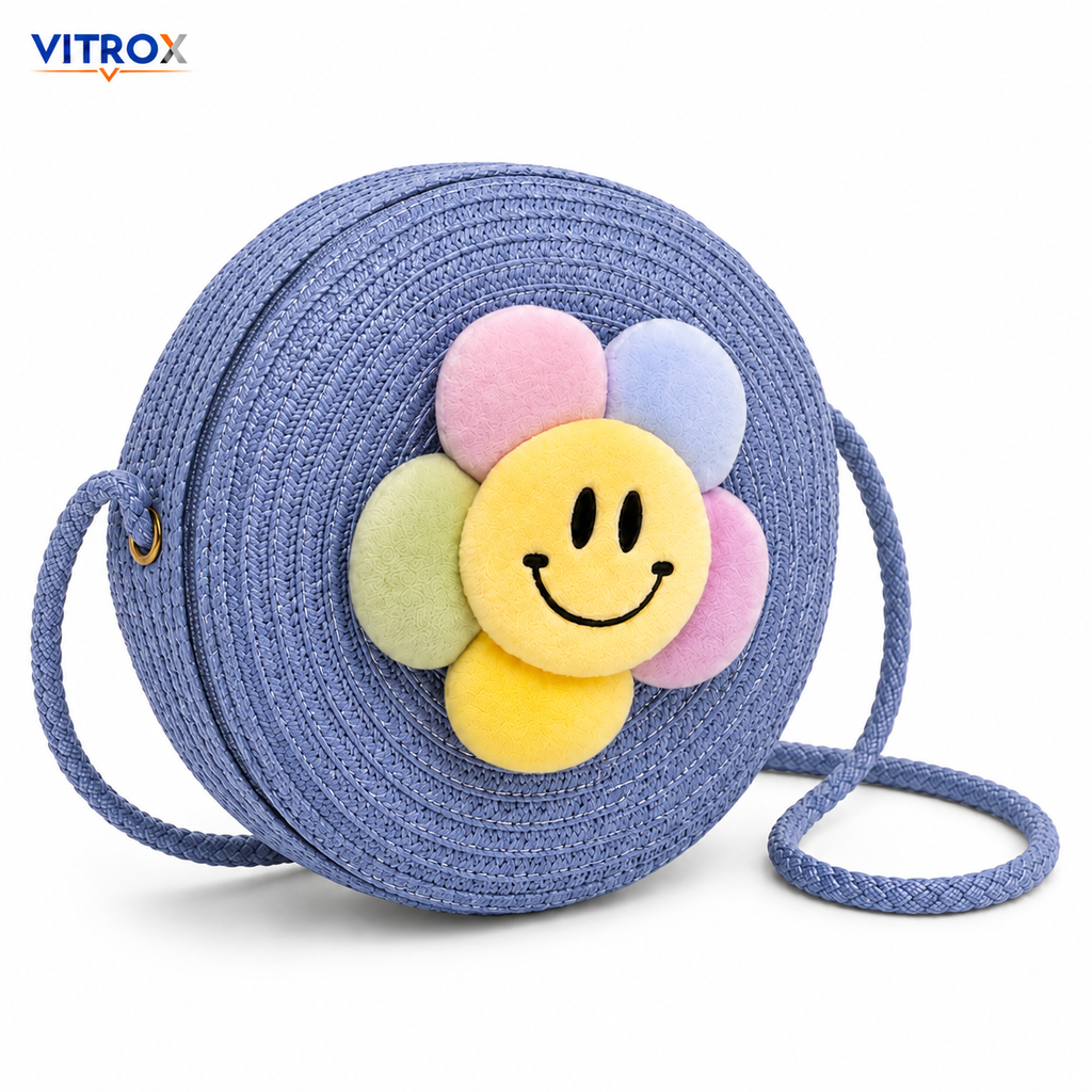 Cute Smiley Flower Round Woven Shoulder Bag for Girls & Women