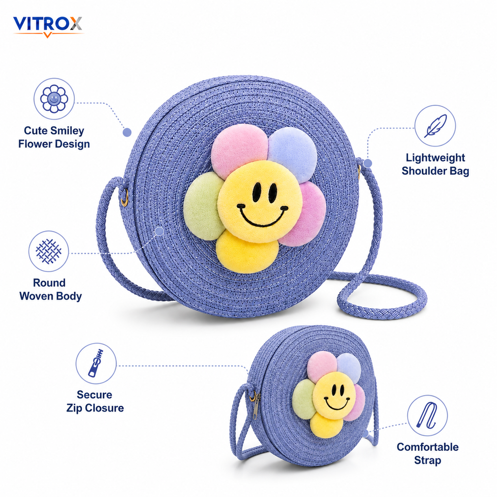 Cute Smiley Flower Round Woven Shoulder Bag for Girls & Women