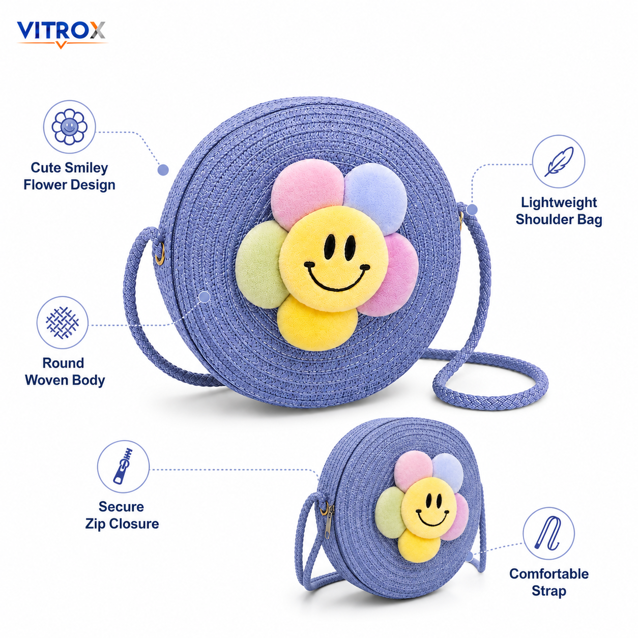 Cute Smiley Flower Round Woven Shoulder Bag for Girls & Women