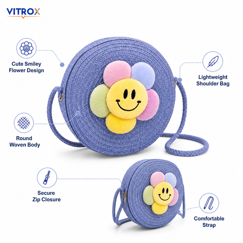 Cute Smiley Flower Round Woven Shoulder Bag for Girls & Women