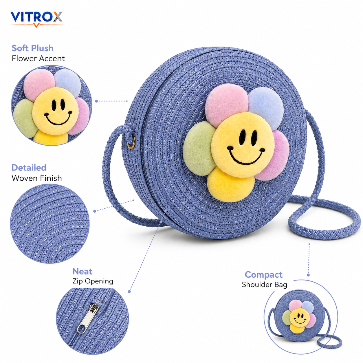 Cute Smiley Flower Round Woven Shoulder Bag for Girls & Women