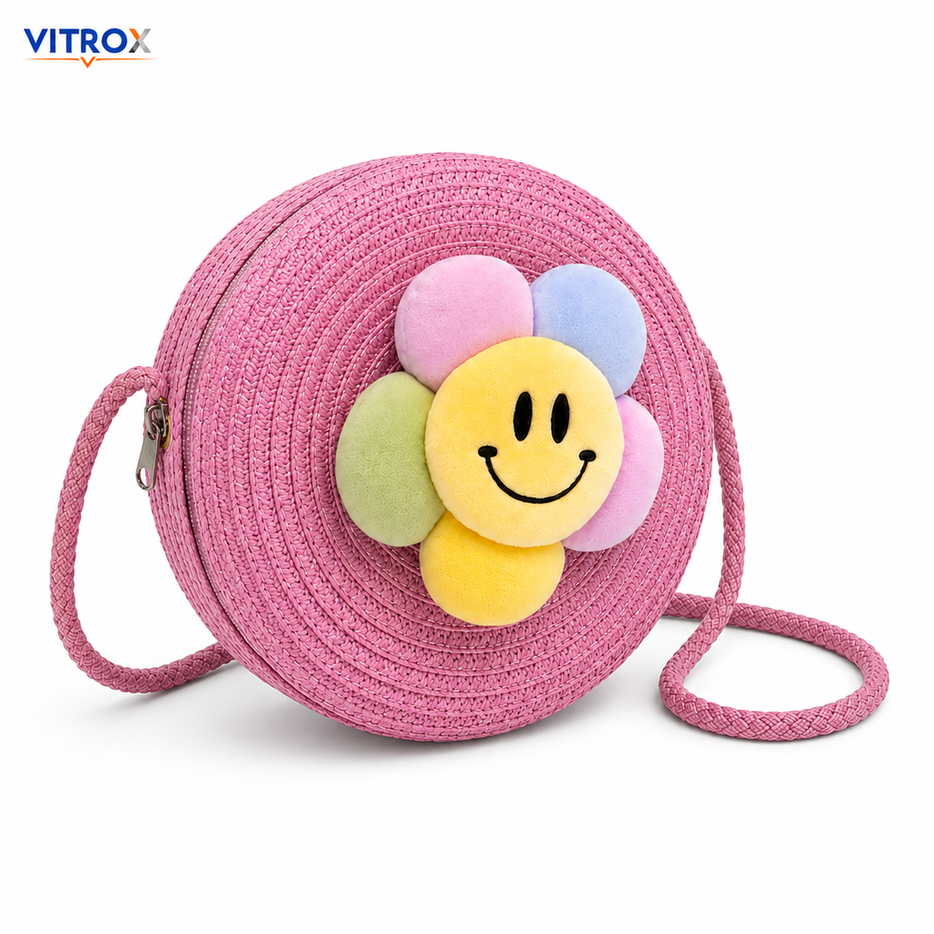 Women’s Pink Round Woven Smiley Flower Shoulder Bag